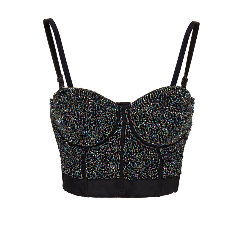 Strap Adjustable Beaded Crop Rhinestone Bra