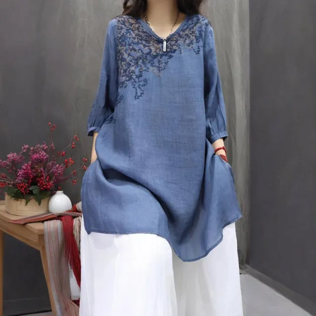 Women's Solid Color Round Neck Embroidered Long Sleeve T Shirt Vintage Floral Design Spring Summer Casual Comfort Blue - Shop at LoveMi