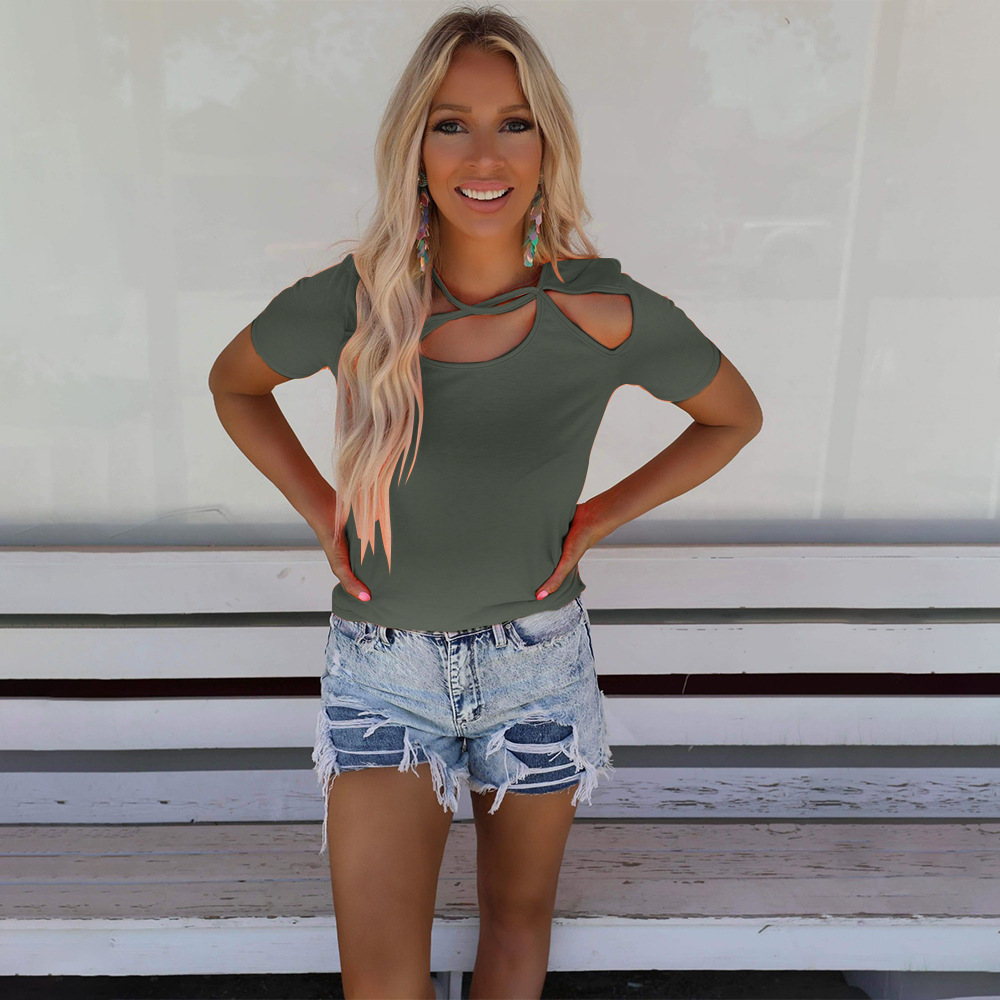 Women's Fashion Solid Color Round Neck Tie Short Sleeve Casual T-Shirt