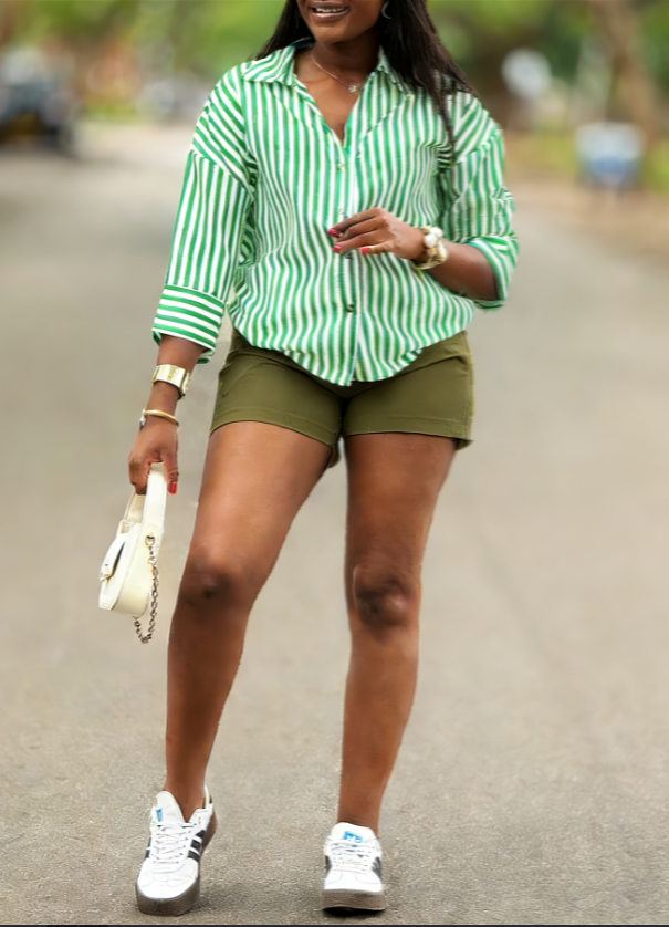 Vertical Striped Loose Shirt & Casual Shorts Two-Piece Set