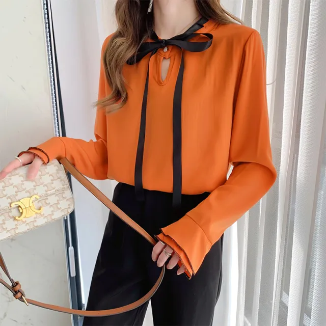Women's Relaxed Style Chiffon Shirt With Bow Tie Orange - Shop at LoveMi