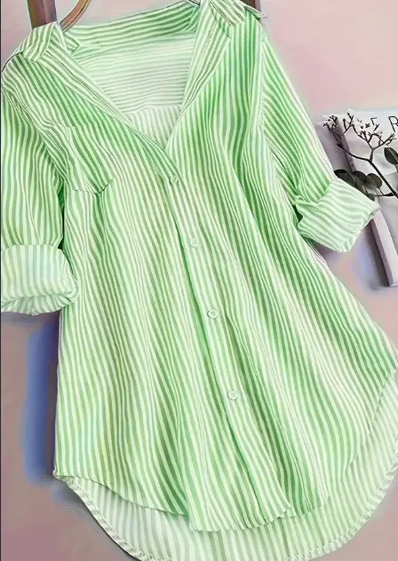 Stripe Print Button Front Blouse, Casual Long Sleeve Blouse For Spring & Fall, Women's Clothing Light Green - Shop at LoveMi