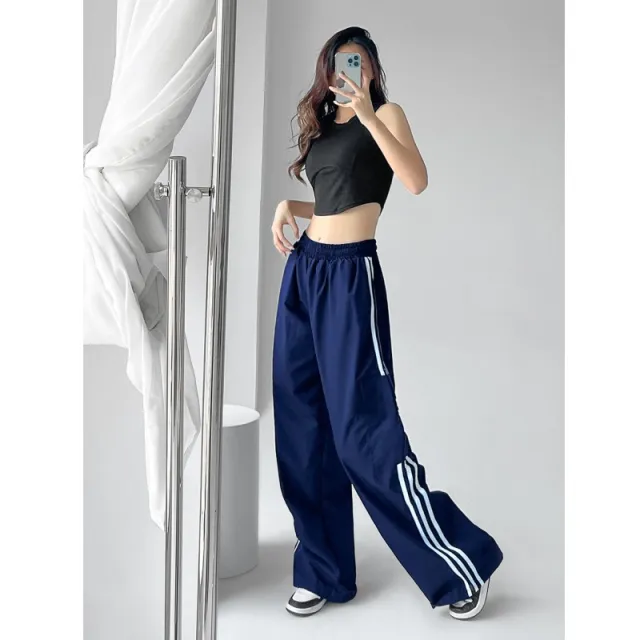 Three Bar Wide Leg Cargo Pants Navy Blue - Shop at LoveMi