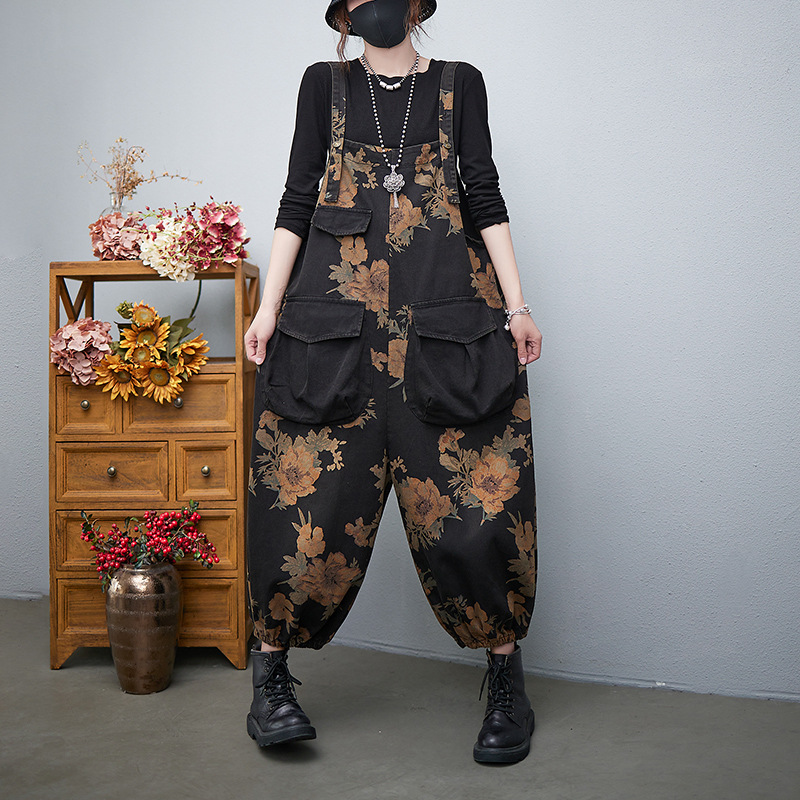 Title 4, Slim Print Denim Overalls With Large Pockets