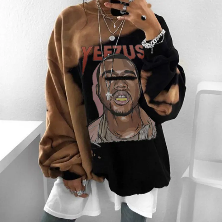 Fashion Ladies Tie-Dye Printed Long Sleeve Sweatshirt - Brown Heads