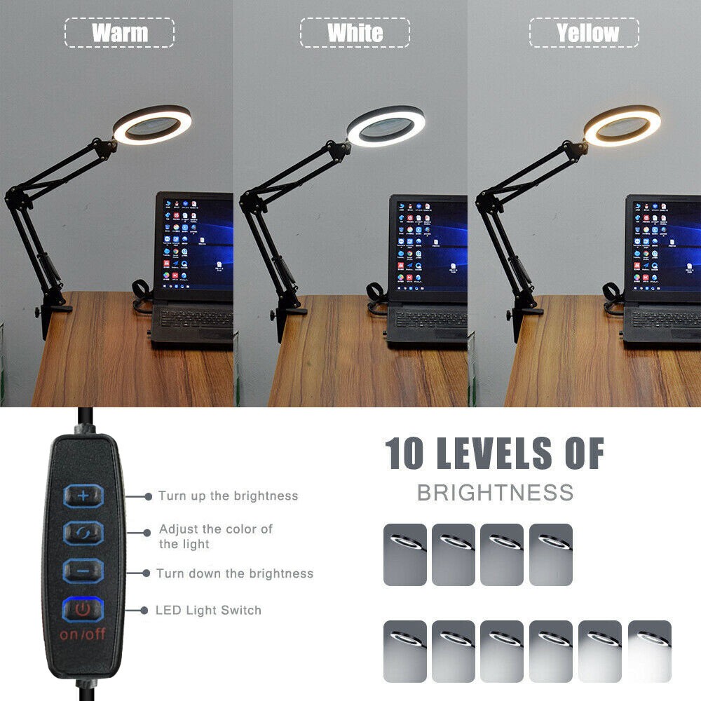 5X Magnifying Glass Lamp Clip-on Desk Table 14W LED Ring Light 3 Colour Modes