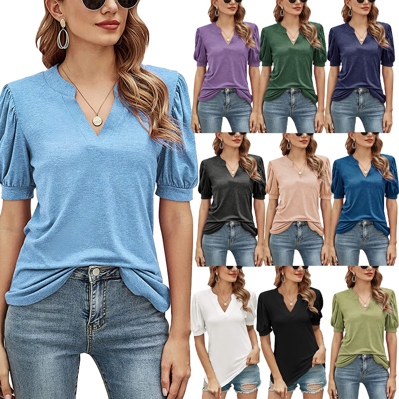 Women's New Casual V-neck Puff Sleeve Loose T-shirt Women
