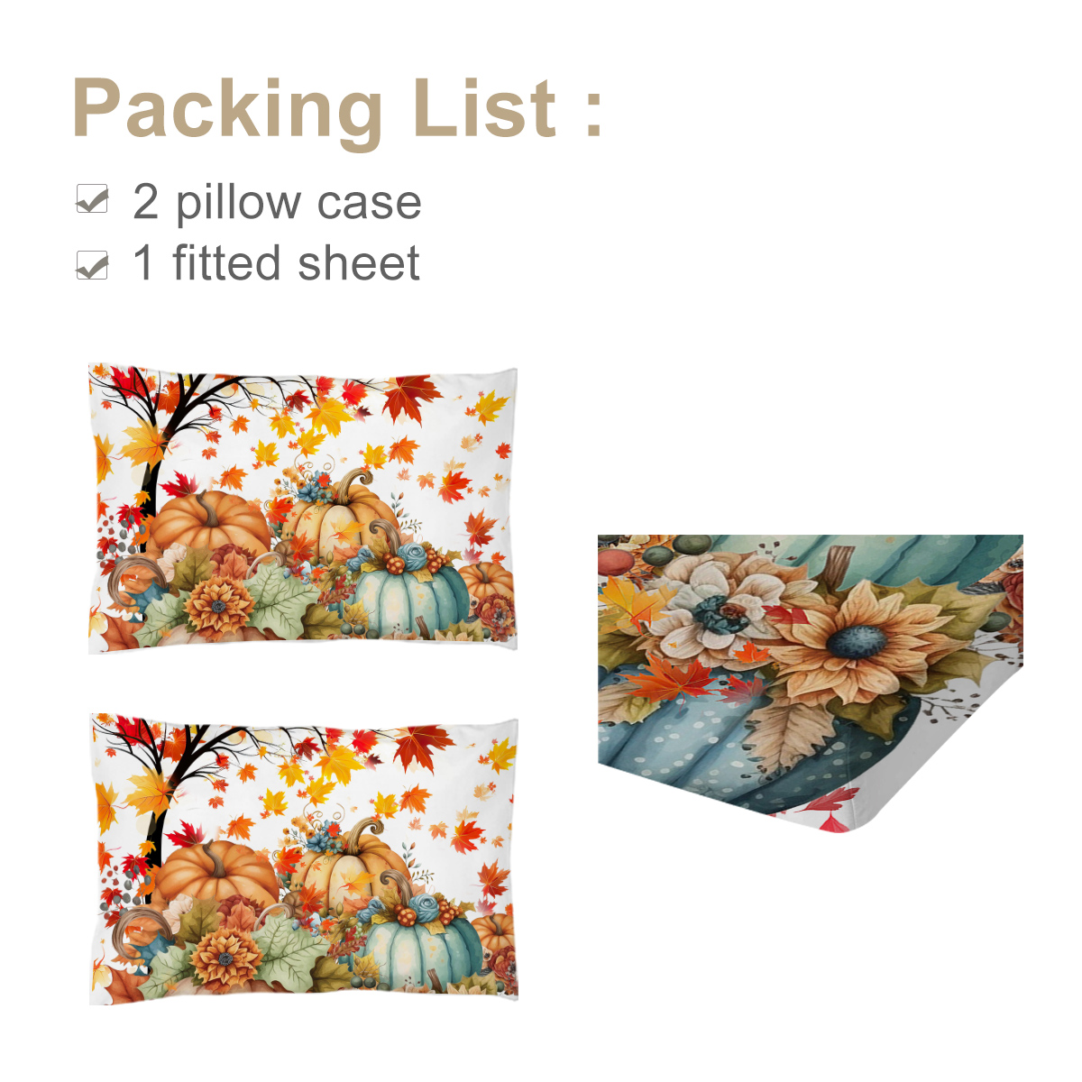 3PCS Pumpkin Flower Printed Bed Fitted Sheet Set, Halloween Bedding Set,1 Fitted Sheet, 2 Pillow Cases