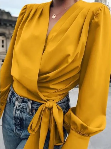 Women's Bubble Long sleeved Loose Shirt Yellow - Shop at LoveMi