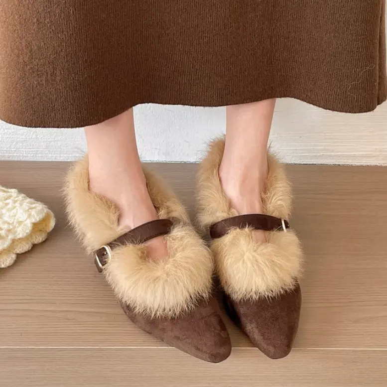 Pointed Toe Furry Shoes Women, Retro Elegant