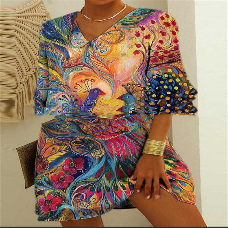 V-Neck Flared Sleeve Loose Peacock Vintage Print Dress