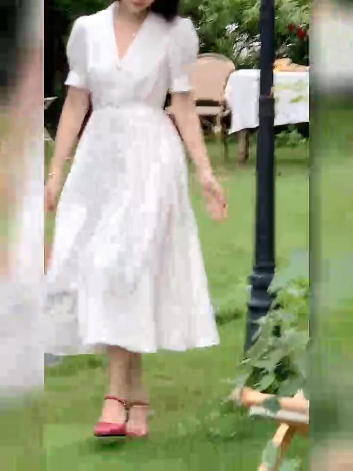 Retro Elegant High Waist Slim Lapel Puff Sleeve Slit Dress