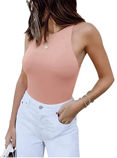 ReoRia Womens Sexy Sleeveless Racer Back Halter Neck Bodysuit Tank Tops - Pink