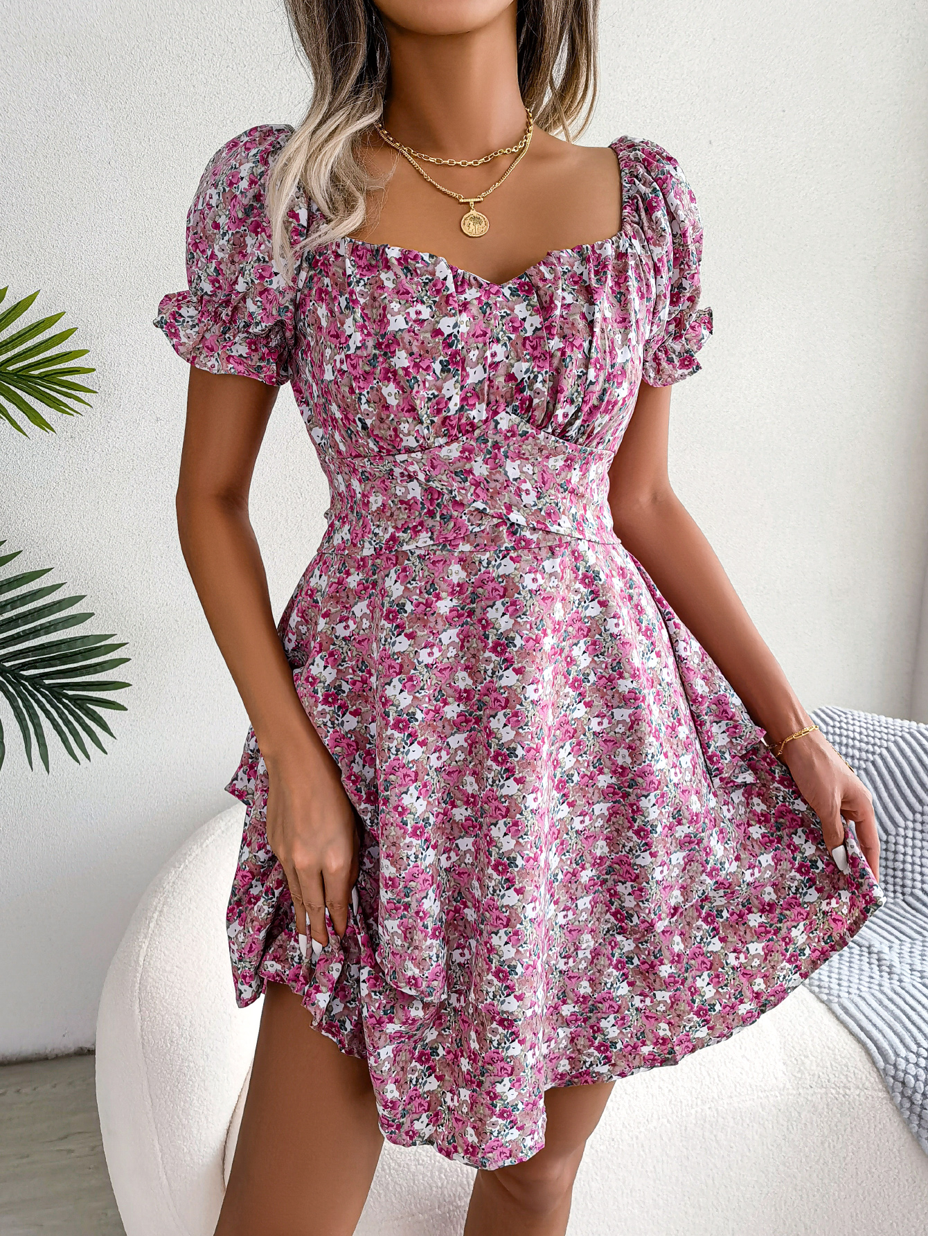 Women  Elegant Floral Print Tie Waist Flowy Dress