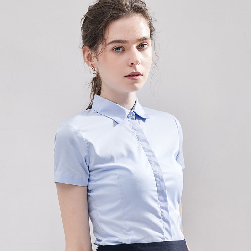 Summer Short Sleeve Women's Shirt, Wrinkle-Free Solid Color Professional Blouse, Elegant Work Commute Top With Embroidered