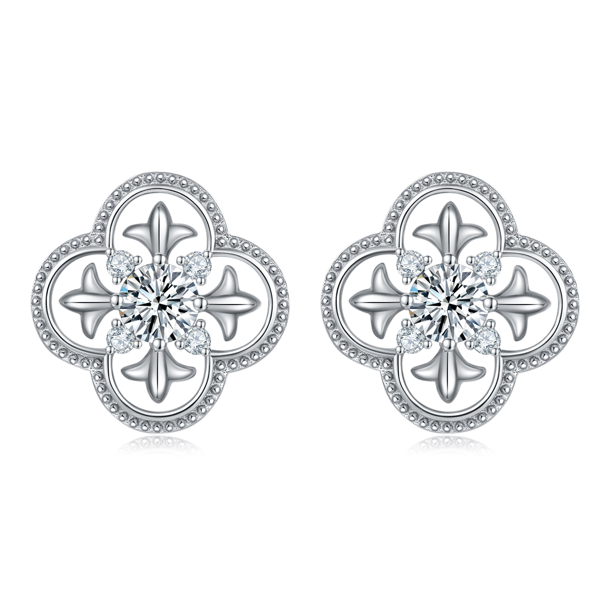 S925 Sterling Silver Clover Stud Earrings, 0.5ct D-VVS1 Moissanite, Platinum Plated Beaded Edge, 2.7g Women's Jewelry Gift Box