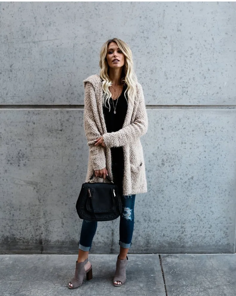 Women's New Mid-length Cardigan Solid Color Plush Hooded Jacket - Beige