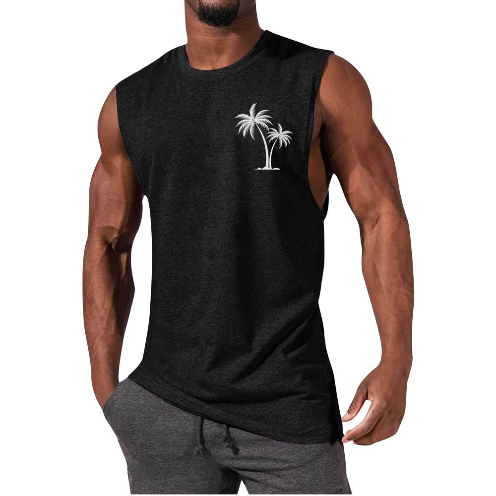 Coconut Tree Embroidery Vest Summer Beach Tank Tops Workout Muscle Men Sports Fi