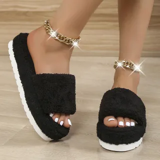 Fuzzy Slippers Women Winter House Shoes - Black
