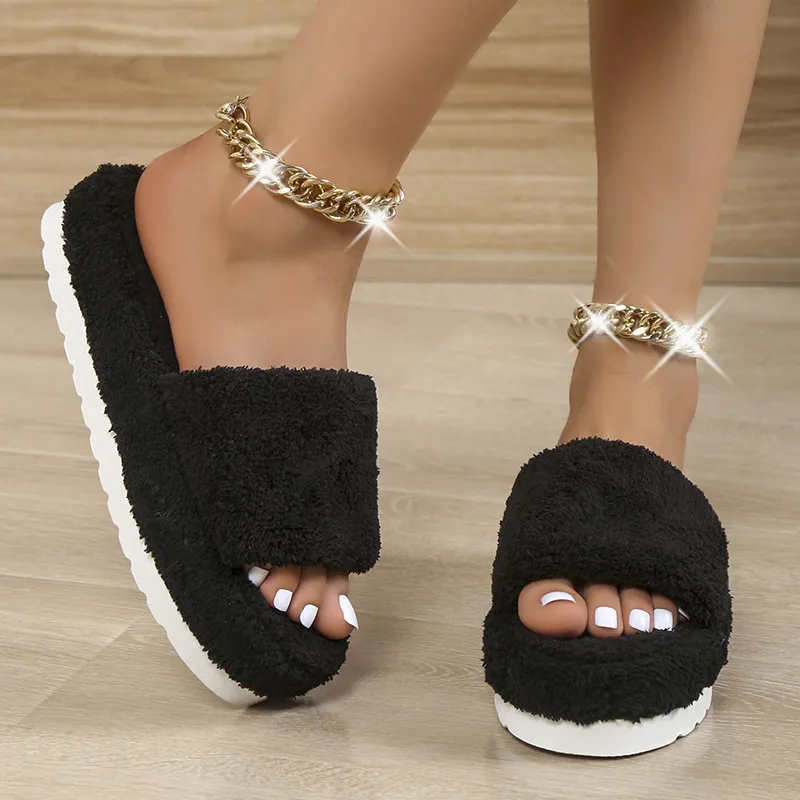 Fuzzy Slippers Women Winter House Shoes - Black