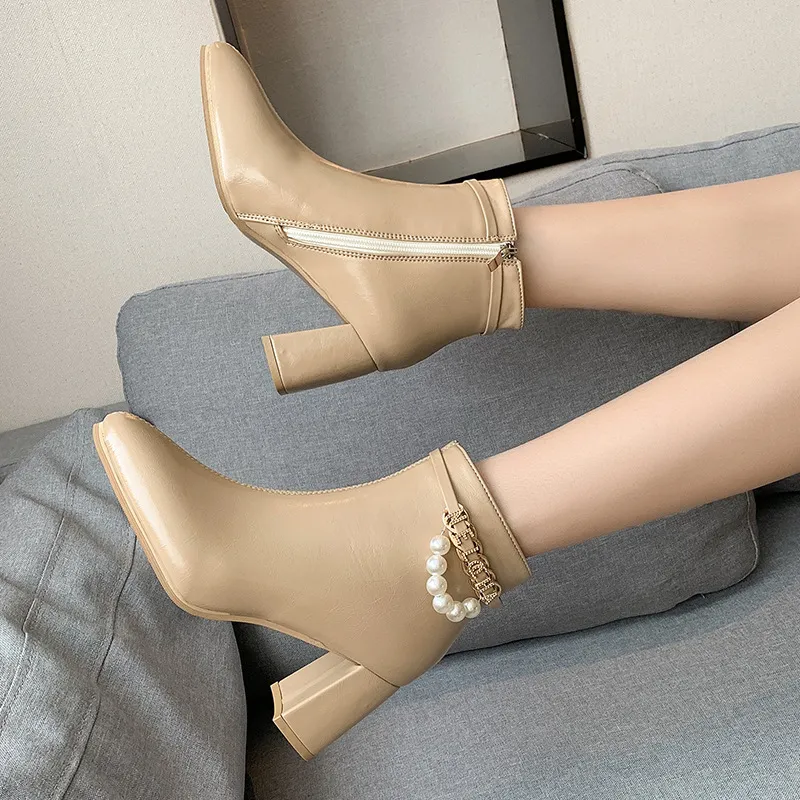 New Style Pointed Thick Heel Fashion For Autumn And Winter Korean Skinny Boots - Apricot