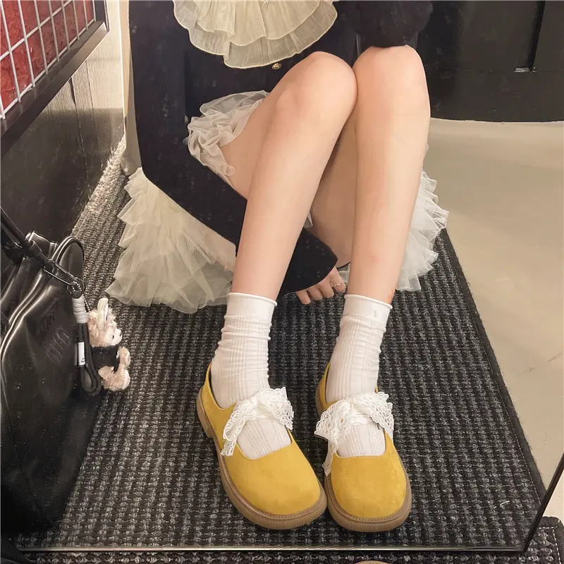 Women Cottagecore White Lace Big Bow Mary Jane Flats, Round Toe Matte Soft Suede Low Block Heel Slip On Minimalist Retro Gentle Casual Daily Picnic Doll Loafer 