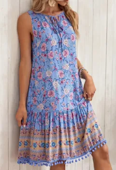 Women's Floral Print Sleeveless Midi Dress With Tassel Hem - Blue - View 1