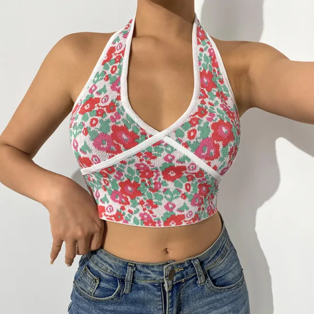 Floral Wool Knit Vest Suspenders Sexy Hot Slim Halterneck Women's Clothing Pink - Shop at LoveMi