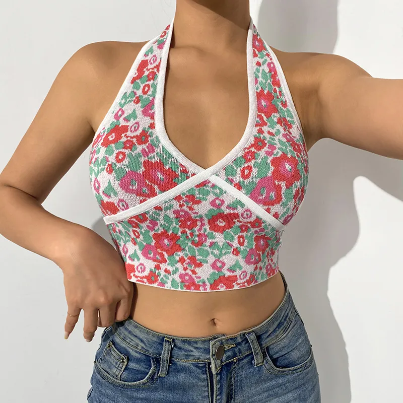 Floral Wool Knit Vest Suspenders Sexy Hot Slim Halterneck Women's Clothing - Pink