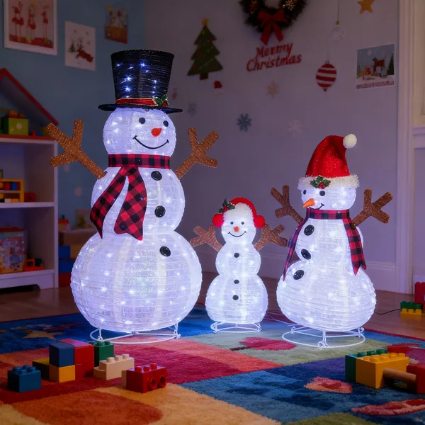 Set Of 3 Lighted Snowman Family Christmas Yard Decorations, 4FT 3FT 2FT Pre-lit Pull Up Snowman With 270 White LEDs, For Xmas Outdoor Holiday Indoor Decor Lighted Holiday Displays image 9