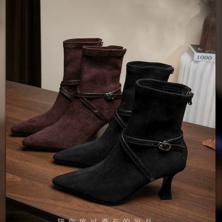 High Heel Back Zipper Slim Fit Boots For Women 2026 New Matte Leather Buckle Pointed Toe Elegant Ankle Boots Vintage Stiletto Ankle Boots