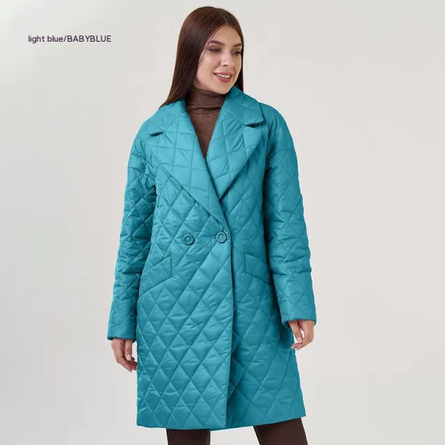 Long Women's Cotton Padded Clothing Casual Waist Tight Plaid Winter Clothing Light Blue - Shop at LoveMi
