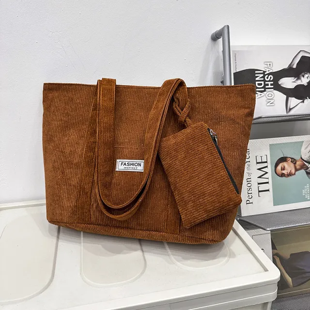 Large capacity Corduroy Shoulder Bag With Small Woman Purses Composite Bag Solid Color Handbags For Women Winter And Spring Brown - Shop at LoveMi