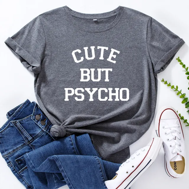 Women's Loose Round Neck Creative Letter Short sleeved T shirt Dark Grey - Shop at LoveMi