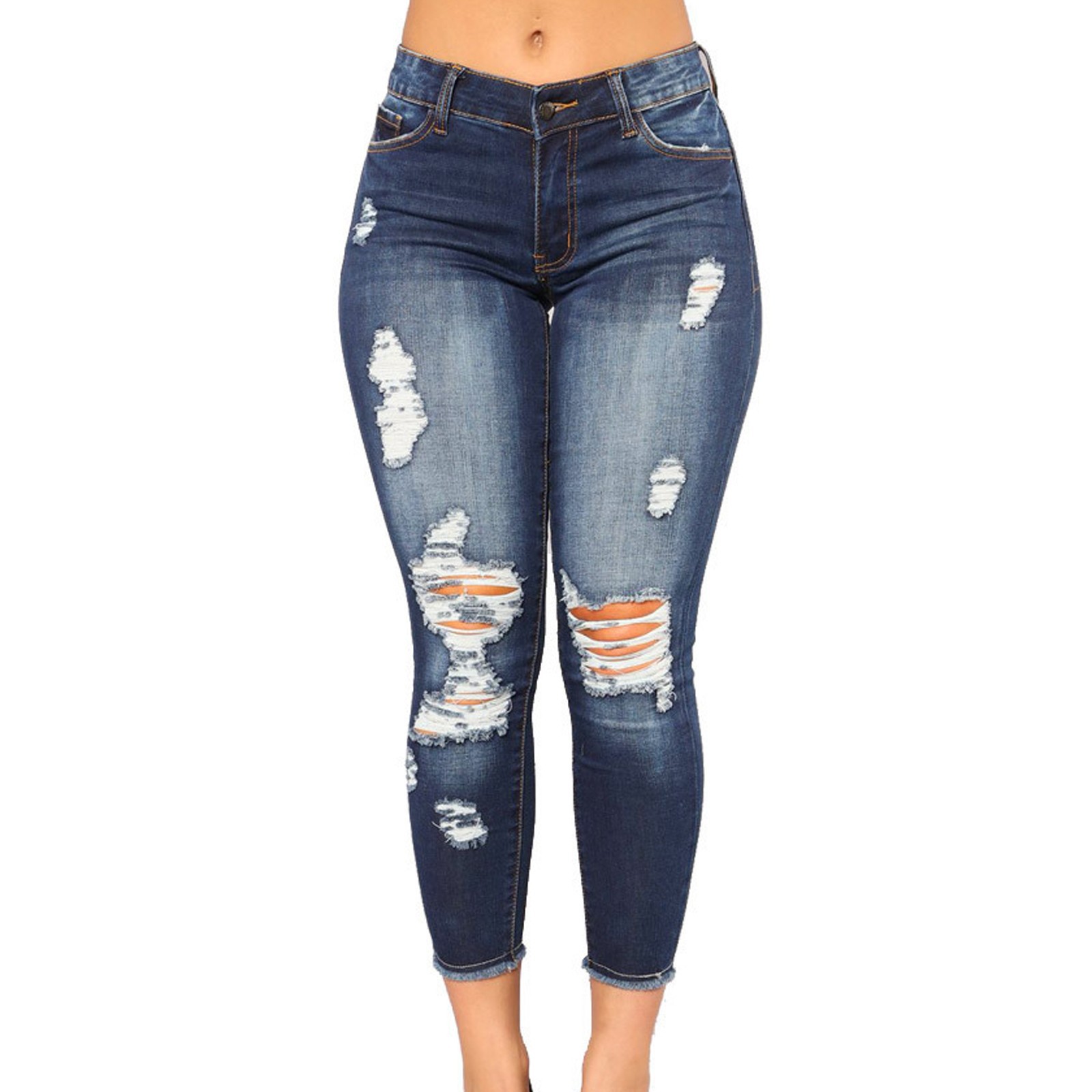 Women's Fashion Elastic Slim Fit Ripped Skinny Jeans Navy - Shop at LoveMi