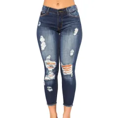 Women's Fashion Elastic Slim Fit Ripped Skinny Jeans - Blue - View 1