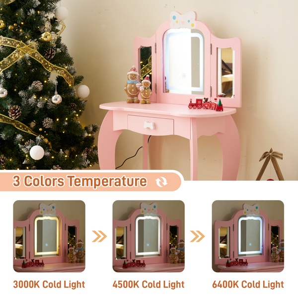 Kids Vanity Table And Chair Set, 2-in-1 Girls Vanity With Tri-Folding Mirror &... 4