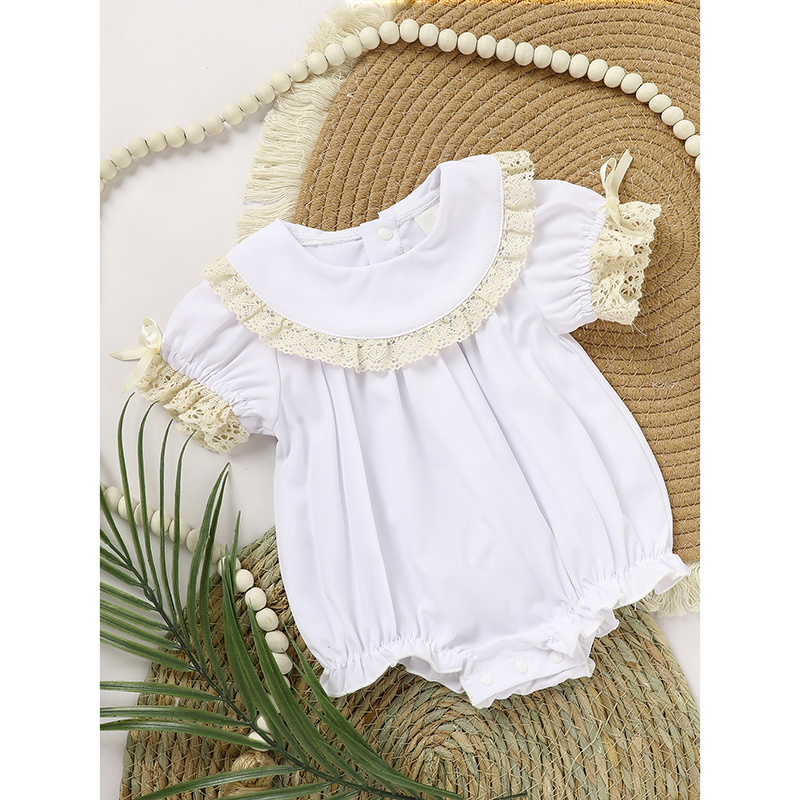 Baby Girl White Lace Romper Soft & Stylish Short Sleeve Bubble Jumpsuit For Wedding Season & Summer — foto 2