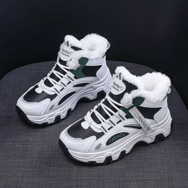 Fashion Black White Lace up Sneakers Winter Warm All match Plush Shoes Women Plus Velvet Fleece Flat High top Sports Shoes Black - Shop at LoveMi