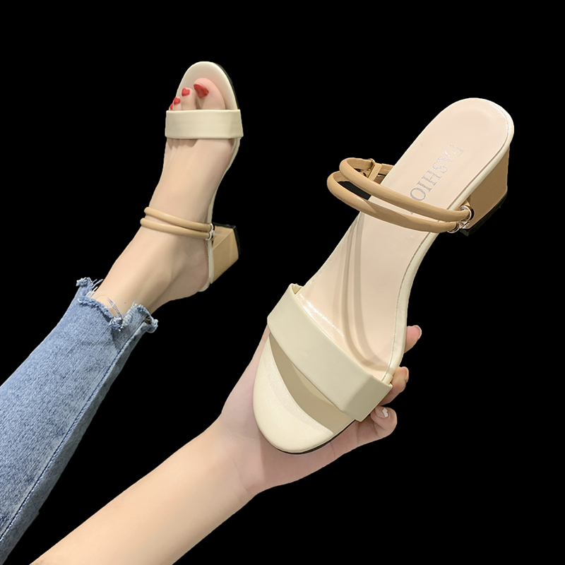 Wind Fashion Two wear Slippers Women's Outer Wear Korean Style High Heels Khaki - Shop at LoveMi
