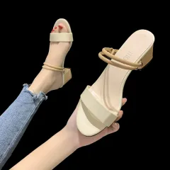 Wind Fashion Two-wear Slippers Women's Outer Wear Korean Style High Heels - Khaki - View 1