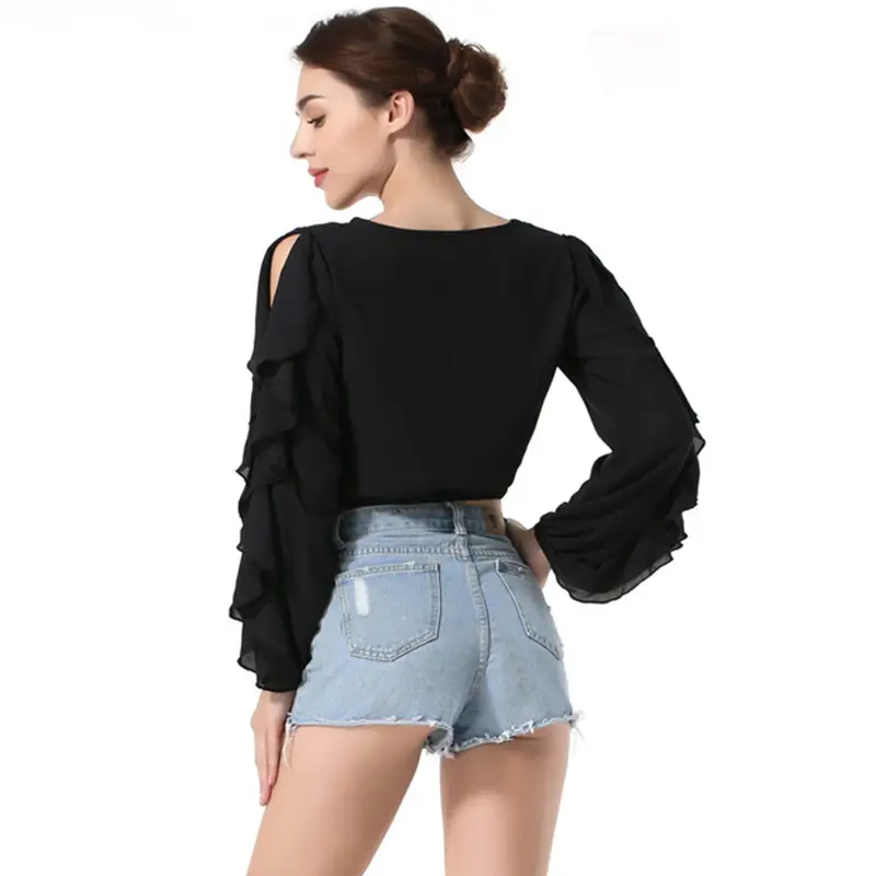 Top Sexy Short Navel Long-Sleeved Pullover T-Shirt With Lotus Leaf