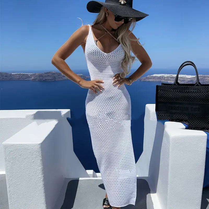 European And American New Pure Color Split Strap Backless Long Beach Dress