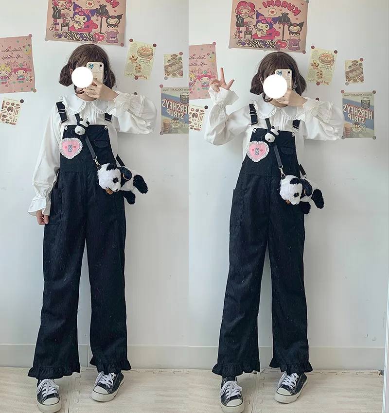Autumn And Winter Japanese Girls Cute Corduroy Overalls - Love Black