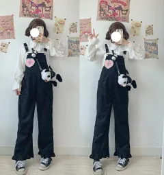 Autumn And Winter Japanese Girls Cute Corduroy Overalls - Love Black - View 1