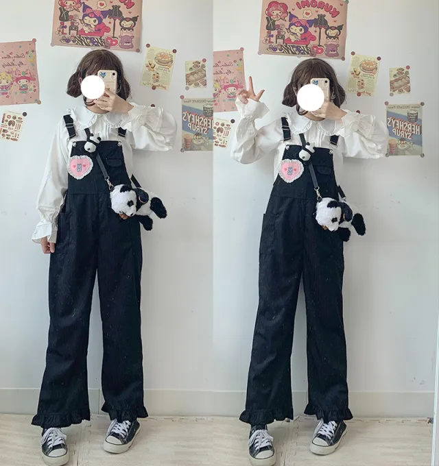 Autumn And Winter Japanese Girls Cute Corduroy Overalls Love Black - Shop at LoveMi
