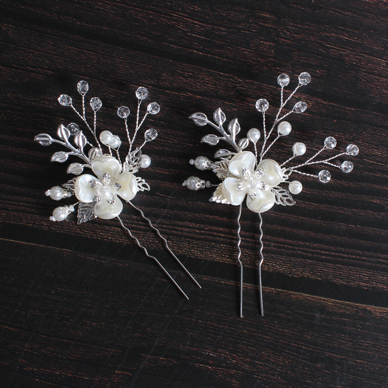 Korean Style Bridal Headdress Pearl Flower Leaf Fork