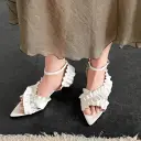 Women's Handmade Full-Grain Leather Ruffled Pointed-Toe Block Heel Sandals, 5cm Heel Ankle Strap Shoes With Pigskin Lining view 10