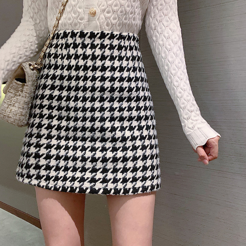 Houndstooth Check Woolen Skirt Women's Short Skirt All-match A-line Woolen Skirt