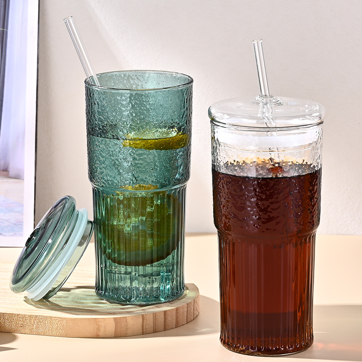 20 Oz 2-pack Green Glass Straw Cup With Vertical Pattern Cup And Lid, High Borosilicate Heat-resistant Glass Cup For Juice, Milk And Cold Drinks